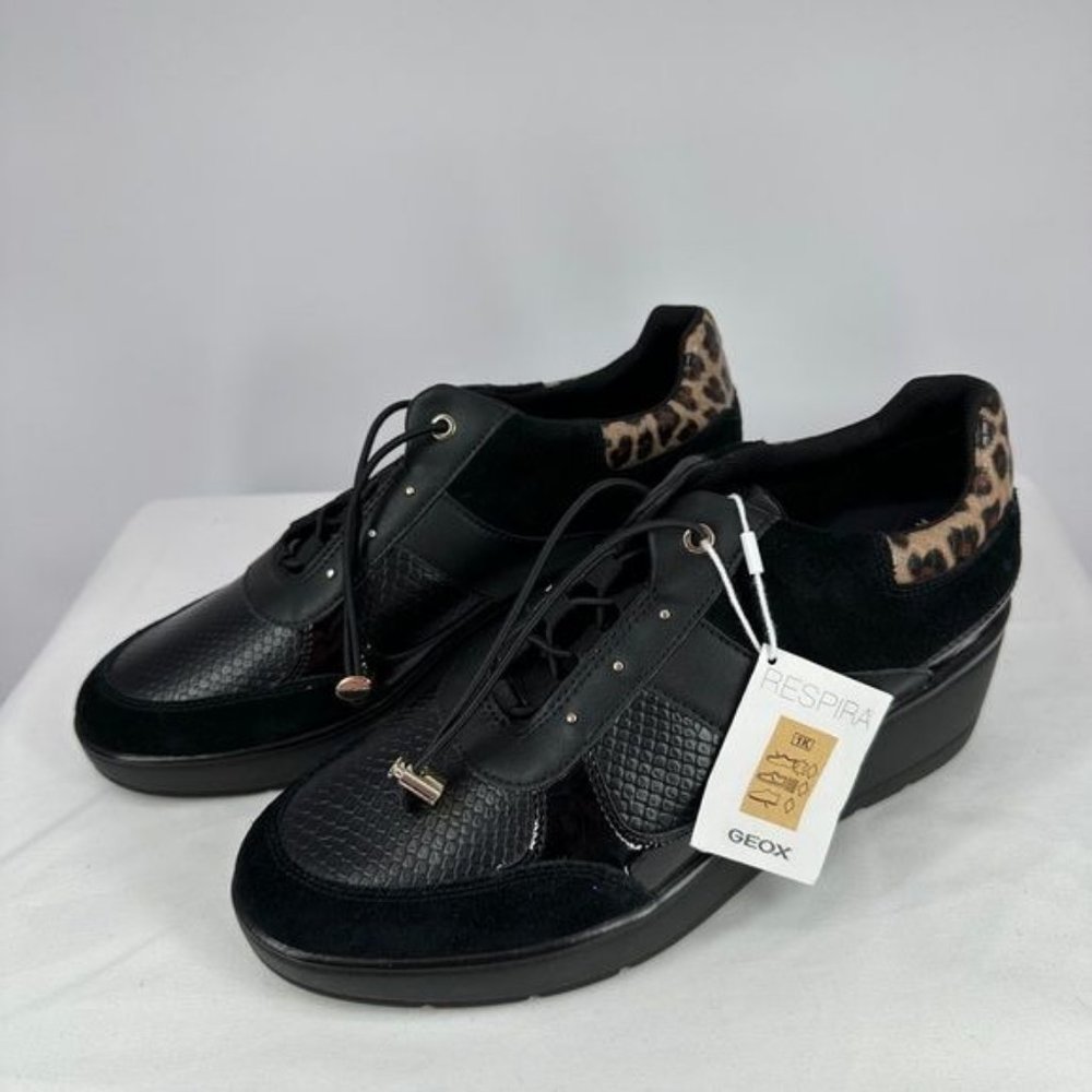 Respira Geox | NWT Women’s 9 Black Suede Leopard Trim Wedge Sneakers - Picture 5 of 13